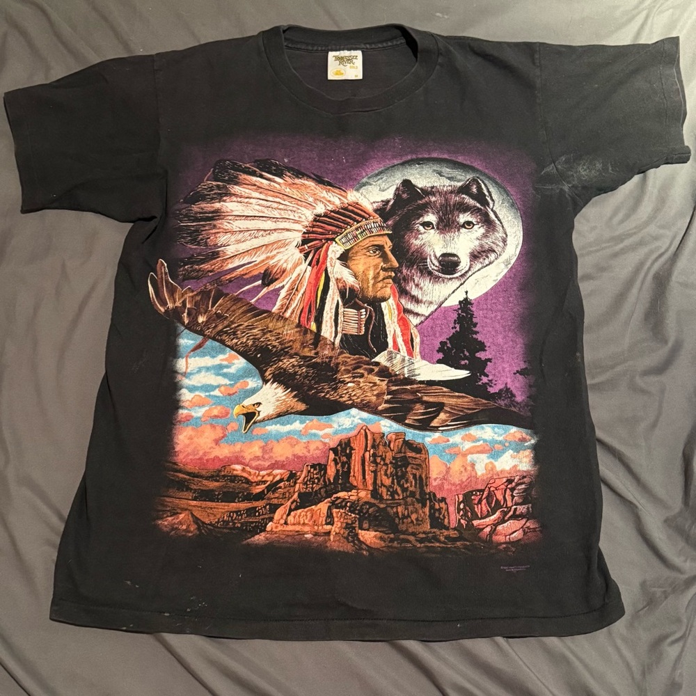 Black Graphic T-Shirt with Native American and Wildlife Design